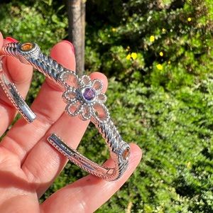 Judith Ripka Sterling Silver Amethyst & Citrine Floral Hinged Cuff Bracelet